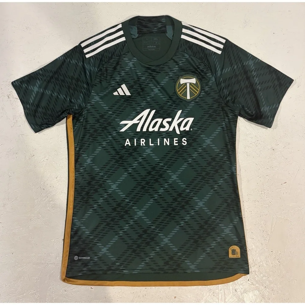 Adidas Portland Timbers 2023 Heritage Jersey Green Plaid Mens Large Slim HY5451